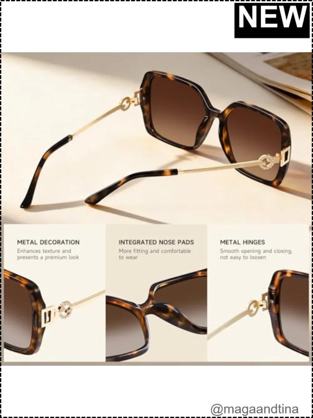 Oversized Square Sunglasses Women Retro Vintage UV Protection Metal Frame